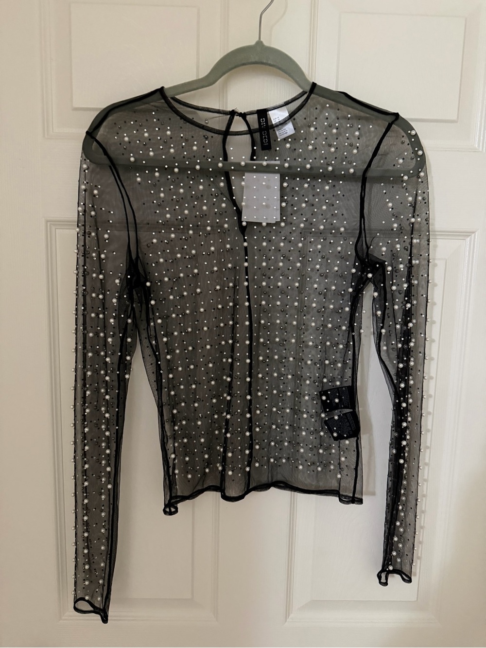 H&M Sheer Black Embellished Long-Sleeve Top